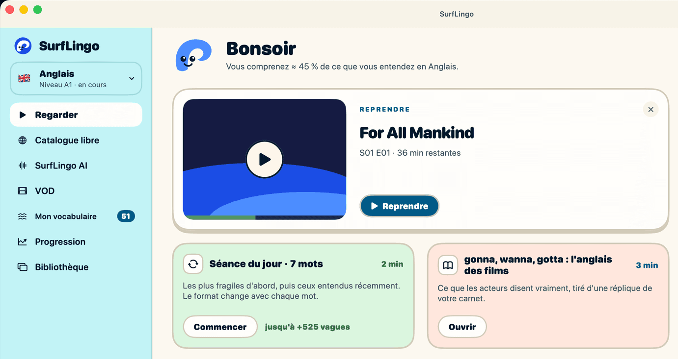 L’écran d’accueil du Player SurfLingo : reprendre un épisode, la séance du jour et la série en cours.